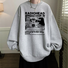 Radio Heat Baskılı Gri Unisex Oversize Bisiklet Yaka Sweatshirt