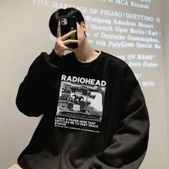 Radio Heat Baskılı Siyah Unisex Oversize Bisiklet Yaka Sweatshirt