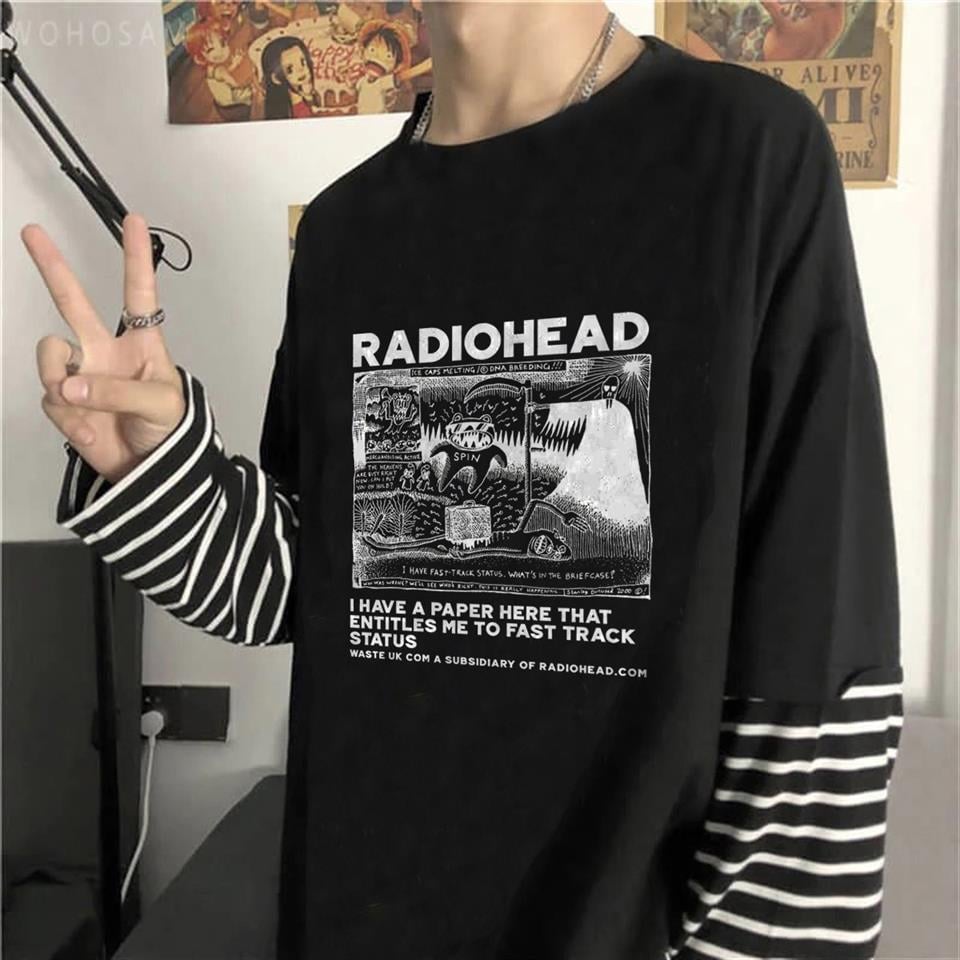 Radiohead Baskılı Fake Sleeves Unisex Siyah T-shirt