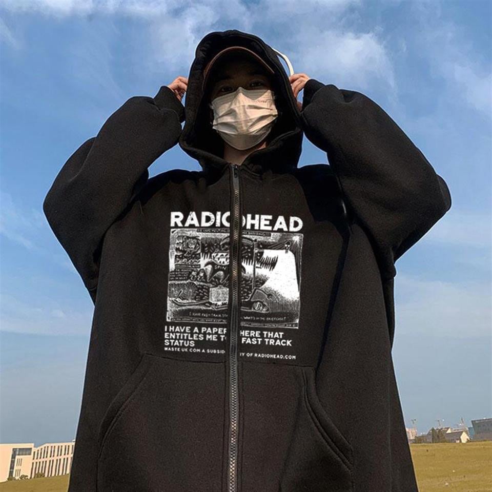 Radiohead Baskılı Oversize Fermuarlı Siyah Unisex Kapüşonlu Hırka