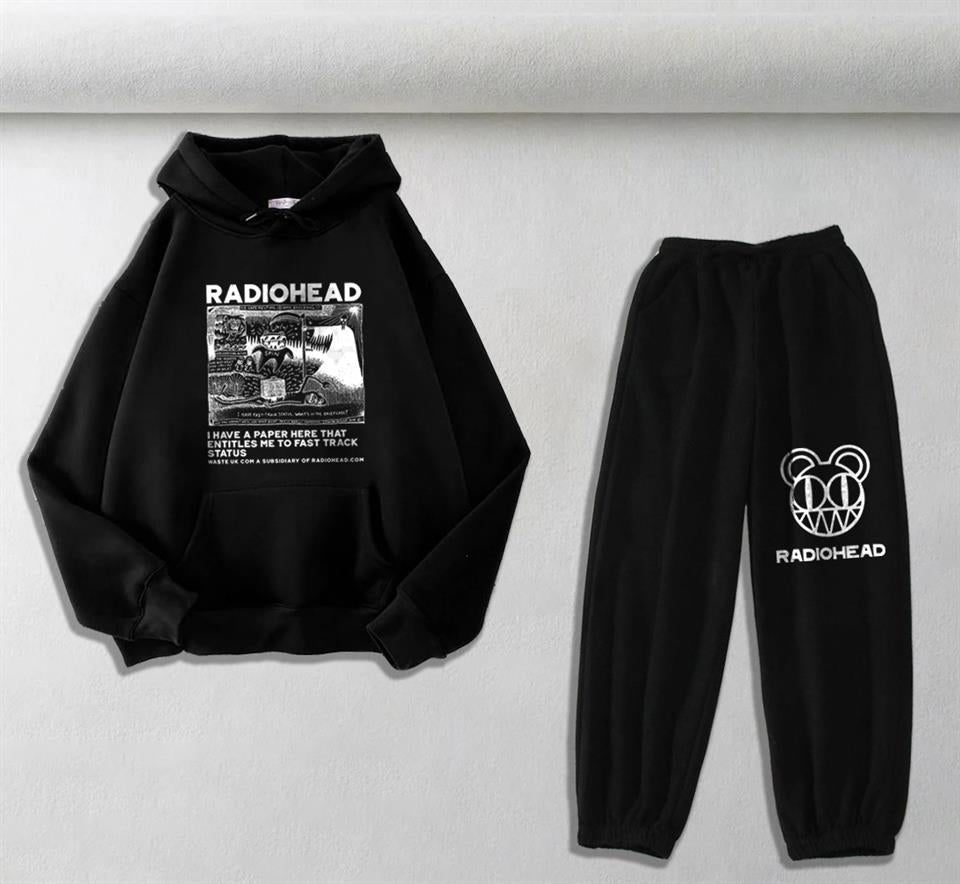 Radiohead Baskılı Siyah Oversize Kapüşonlu Sweatshirt & Eşofman Altı Unisex İkili Takım