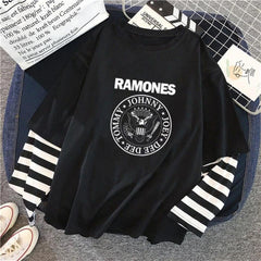 Ramones Logo Baskılı Fake Sleeves Unisex Siyah T-shirt