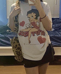 Red Cute Betty Boop Baskılı Beyaz T-shirt