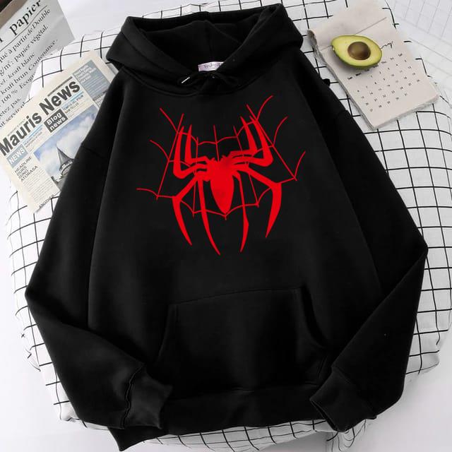 Red Spider Web Baskılı Siyah Unisex Oversize Kapüşonlu Sweatshirt