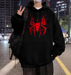 Red Spider Web Baskılı Siyah Unisex Oversize Kapüşonlu Sweatshirt