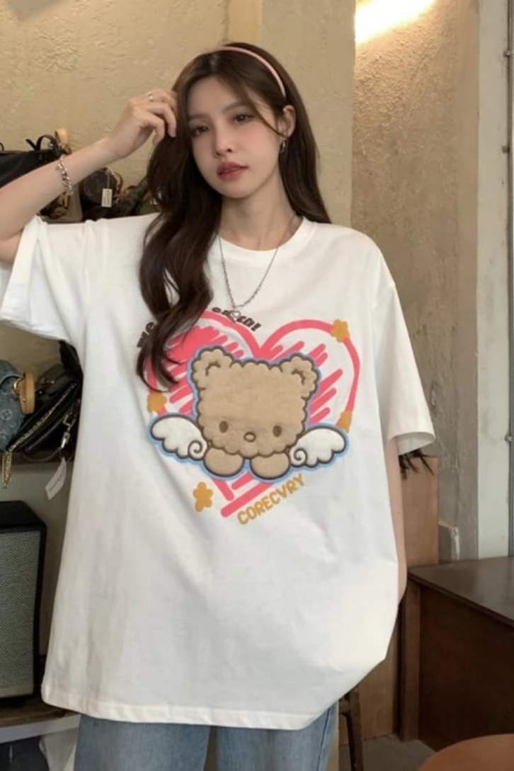 Retro Cute Bear Baskılı Beyaz Unisex Oversize T-shirt