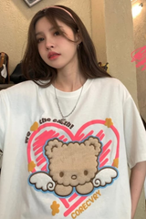 Retro Cute Bear Baskılı Beyaz Unisex Oversize T-shirt