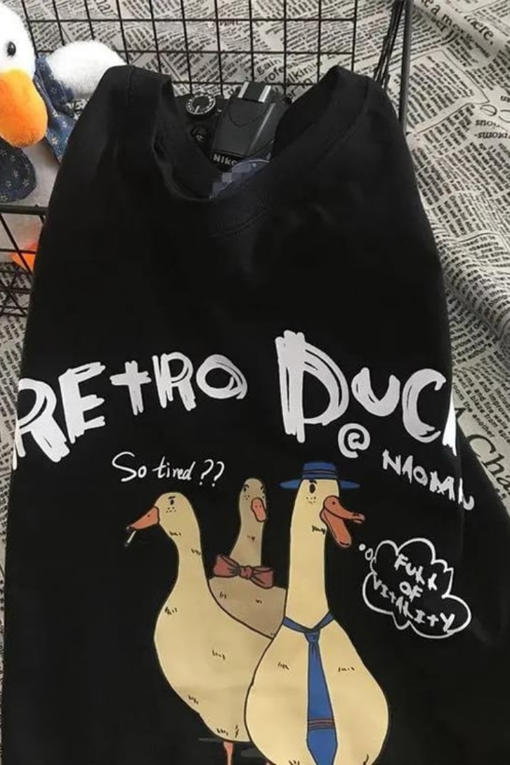 Retro Duck Baskılı Unisex Oversize T-shirt