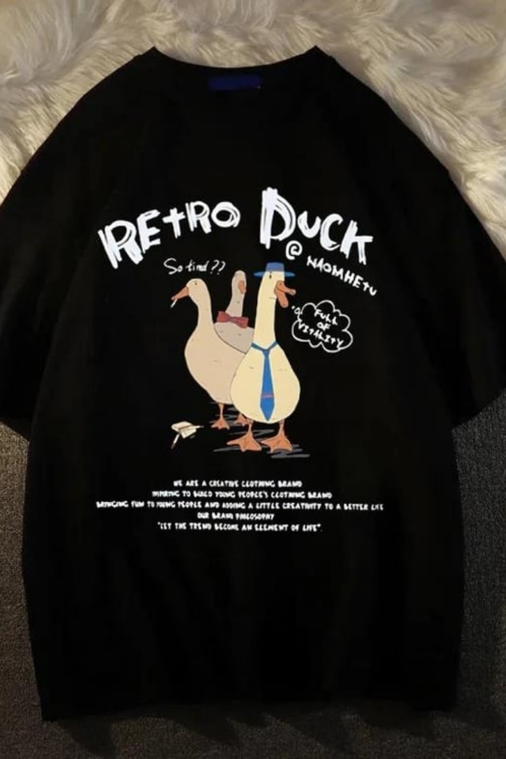 Retro Duck Baskılı Unisex Oversize T-shirt