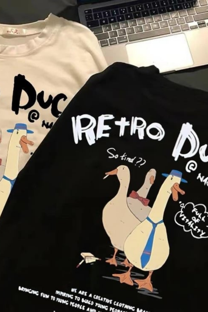 Retro Duck Baskılı Unisex Oversize T-shirt