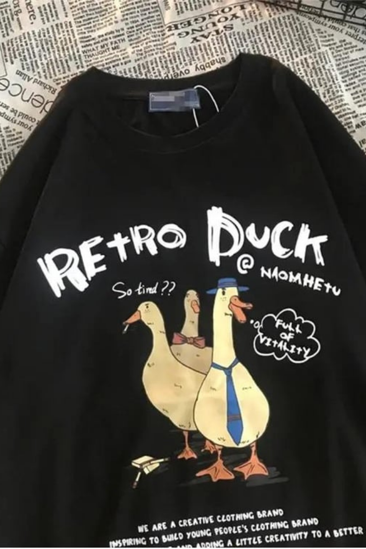 Retro Duck Baskılı Unisex Oversize T-shirt