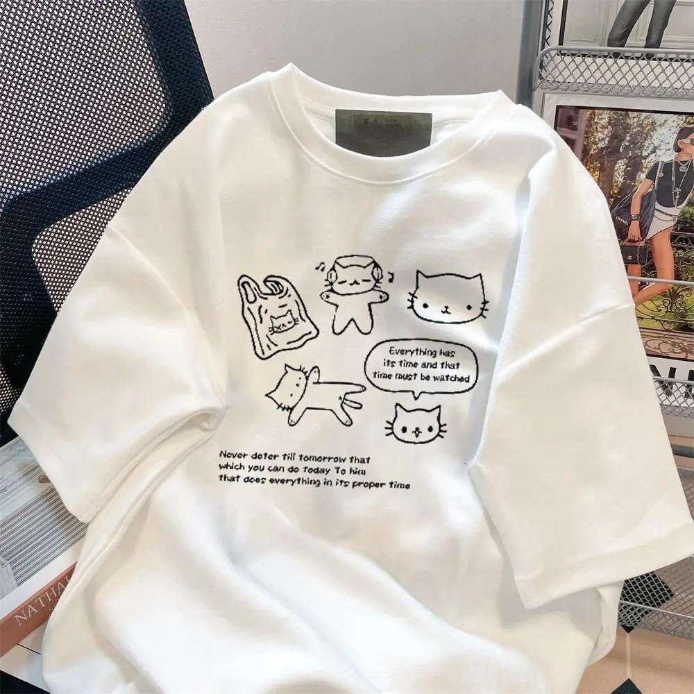 Retro Karikatür Kedi Baskılı Beyaz Unisex Oversize T-shirt