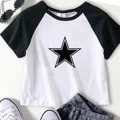 Retro Star Baskılı Reglan Kol Beyaz Crop