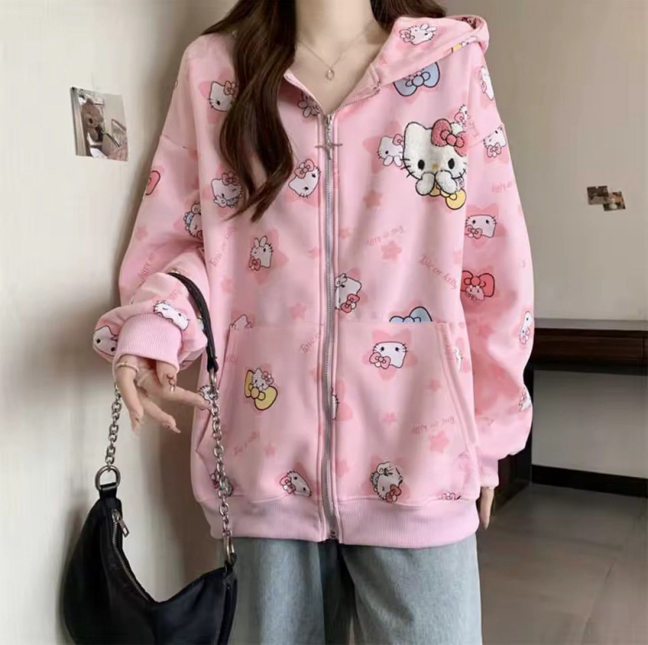 Hello Kitty Detaylı Fermuarlı Kapüşonlu Hırka