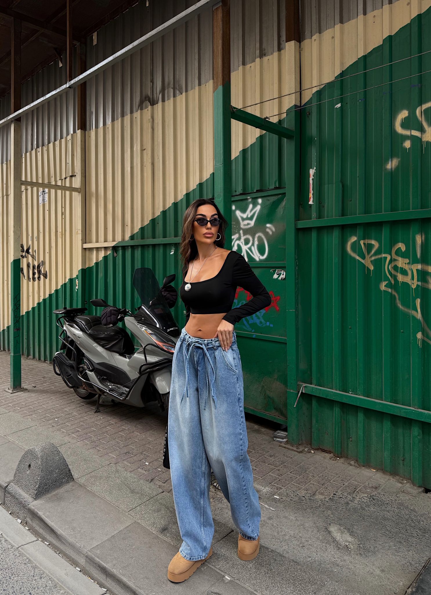 Bağcıklı Bel Geniş Paça Bol Kot Pantolon