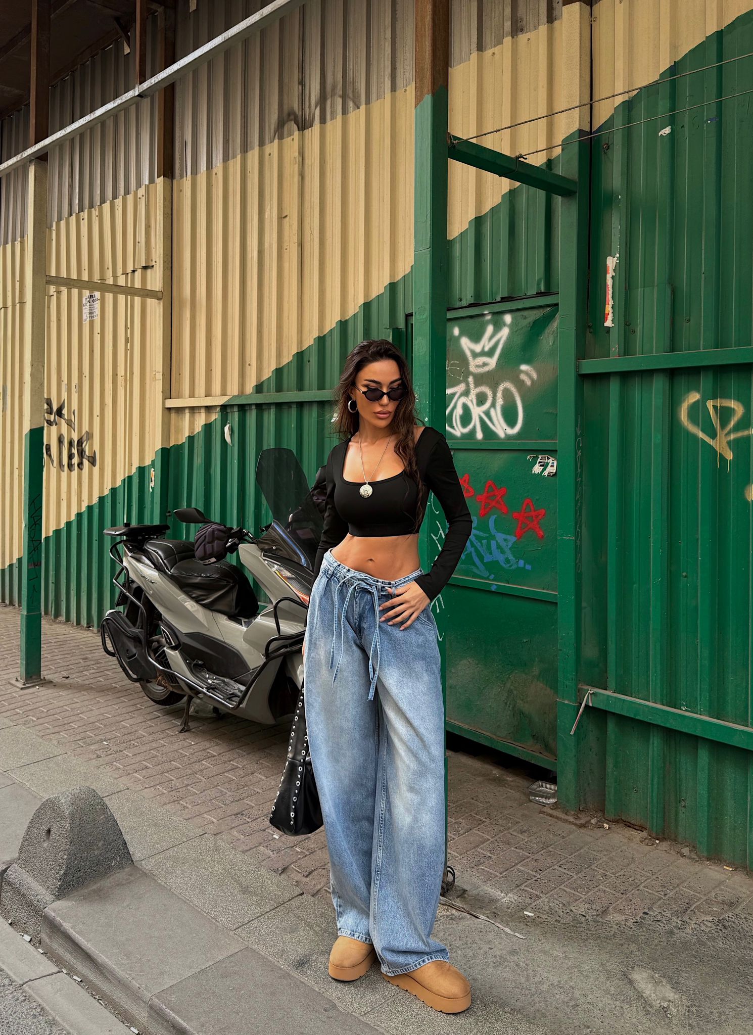 Bağcıklı Bel Geniş Paça Bol Kot Pantolon