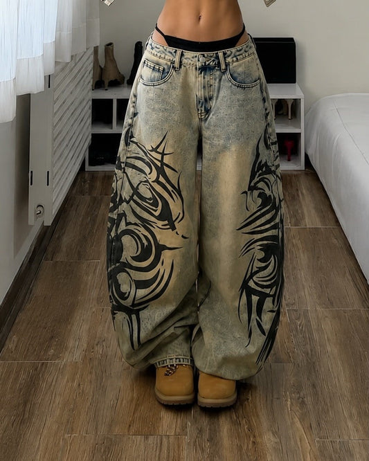 Yıkamalı Tint Dragon Detail Baggy Unisex Jean