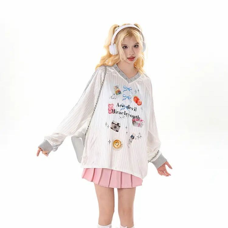 Y2k Ribbon Ace Devil V Yaka Uzun Kollu Jersey Forma