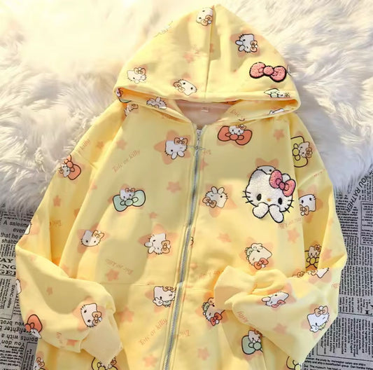 Hello Kitty Detaylı Fermuarlı Kapüşonlu Hırka
