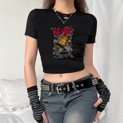 Rock Serisi AC/DC Logo Baskılı Siyah Crop