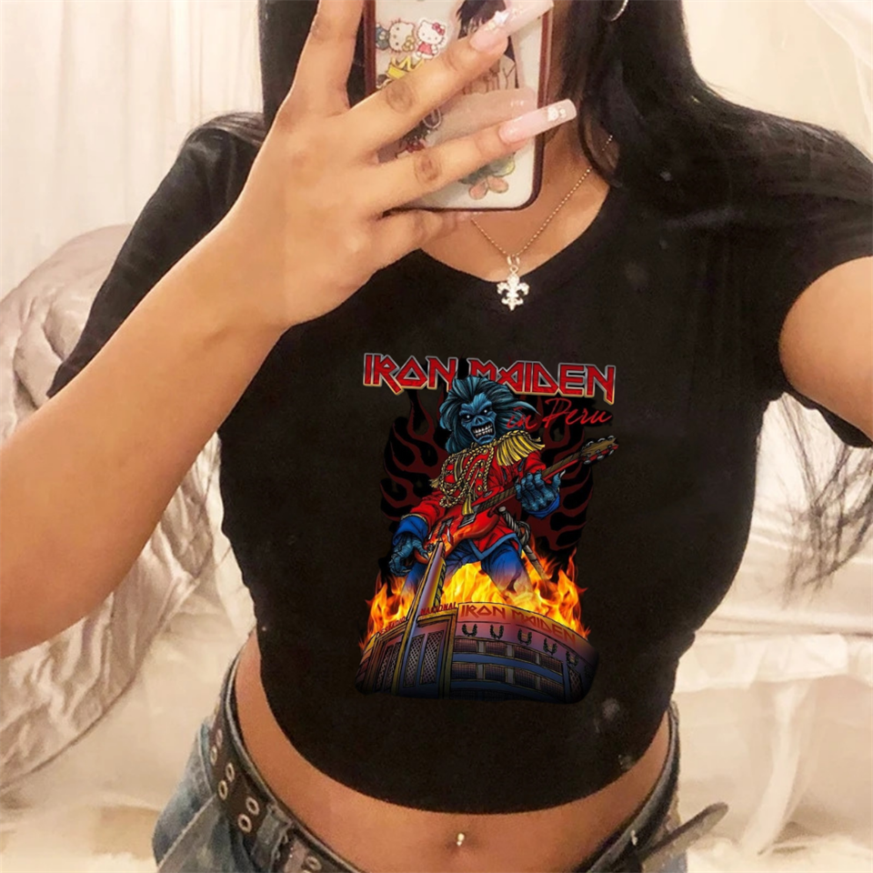 Rock Serisi Iron Maiden Baskılı Siyah Crop