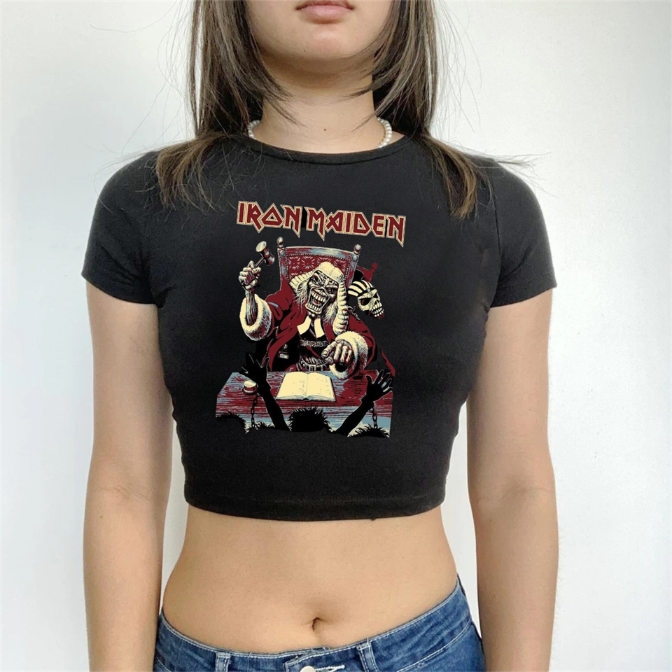 Rock Serisi Iron Maiden Logo Baskılı Siyah Crop