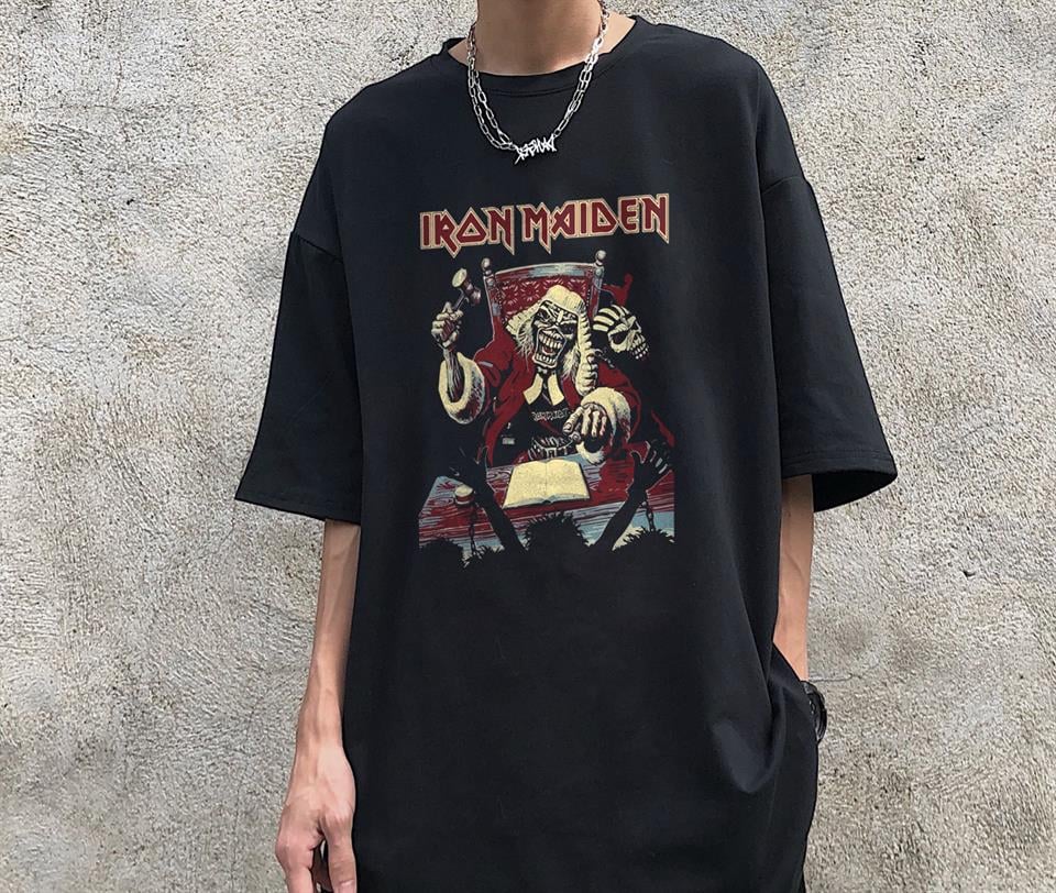 Rock Serisi Iron Maiden Skull Siyah Unisex Oversize T-shirt