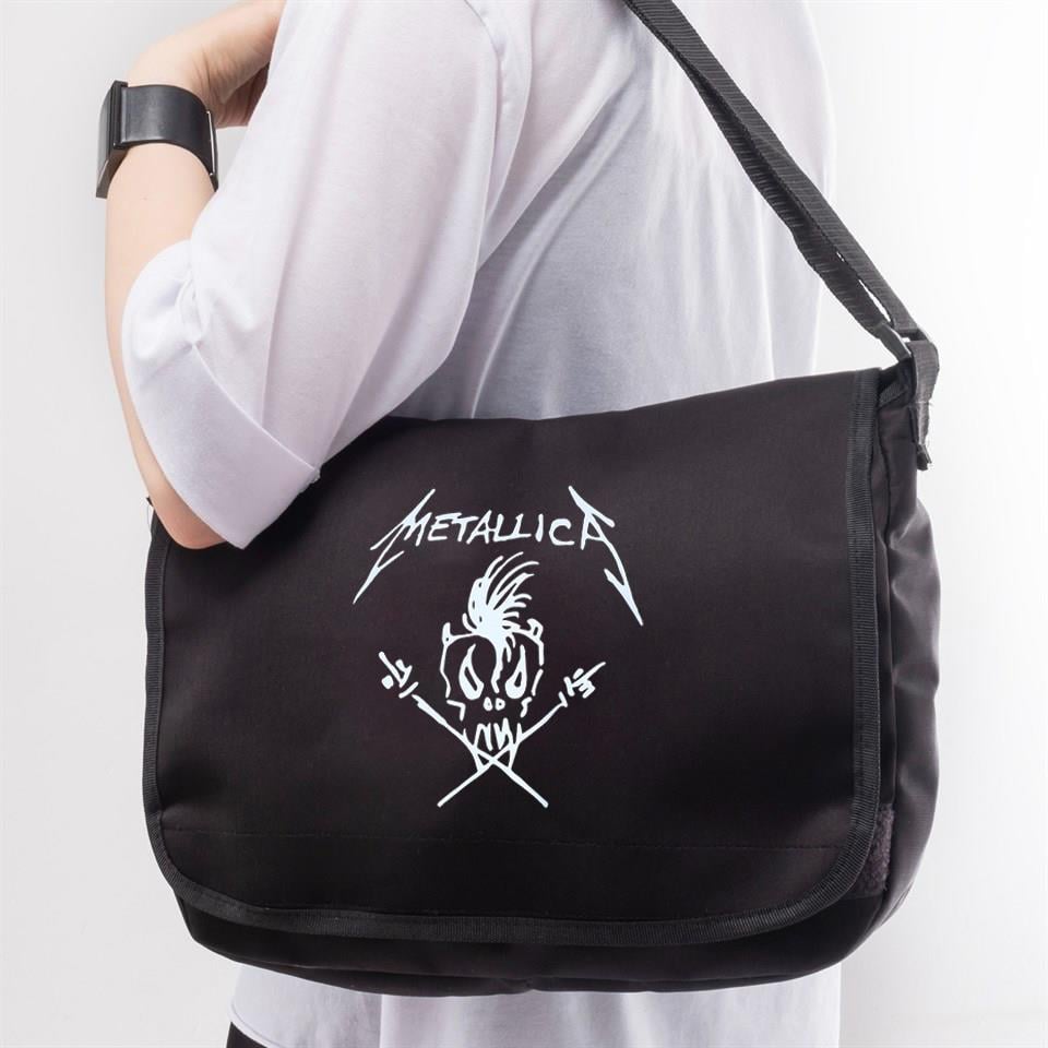 Rock Serisi - Metallica Skull Baskılı Unisex Siyah Postacı Çantası