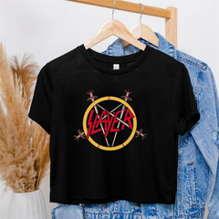 Rock Serisi Slayer Baskılı Siyah Crop