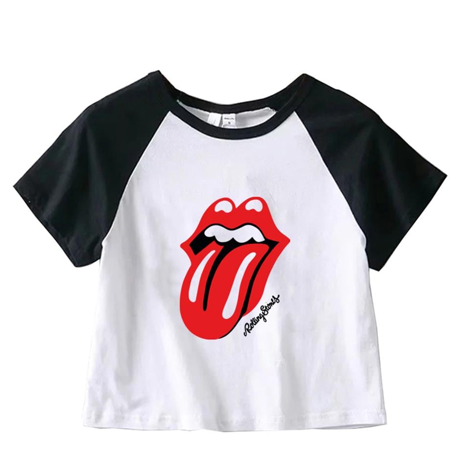 Rolling Stones Baskılı Reglan Kol Beyaz Crop