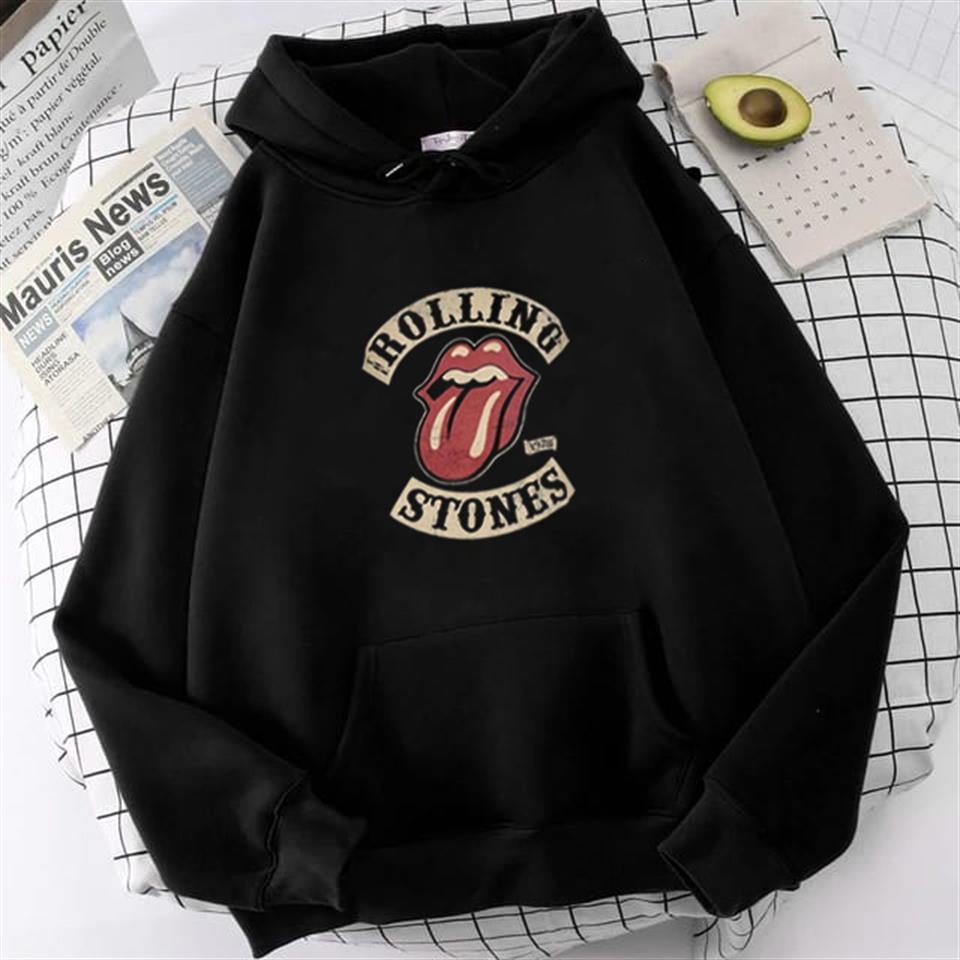 Rolling Stones Baskılı Siyah Unisex Oversize Kapüşonlu Sweatshirt