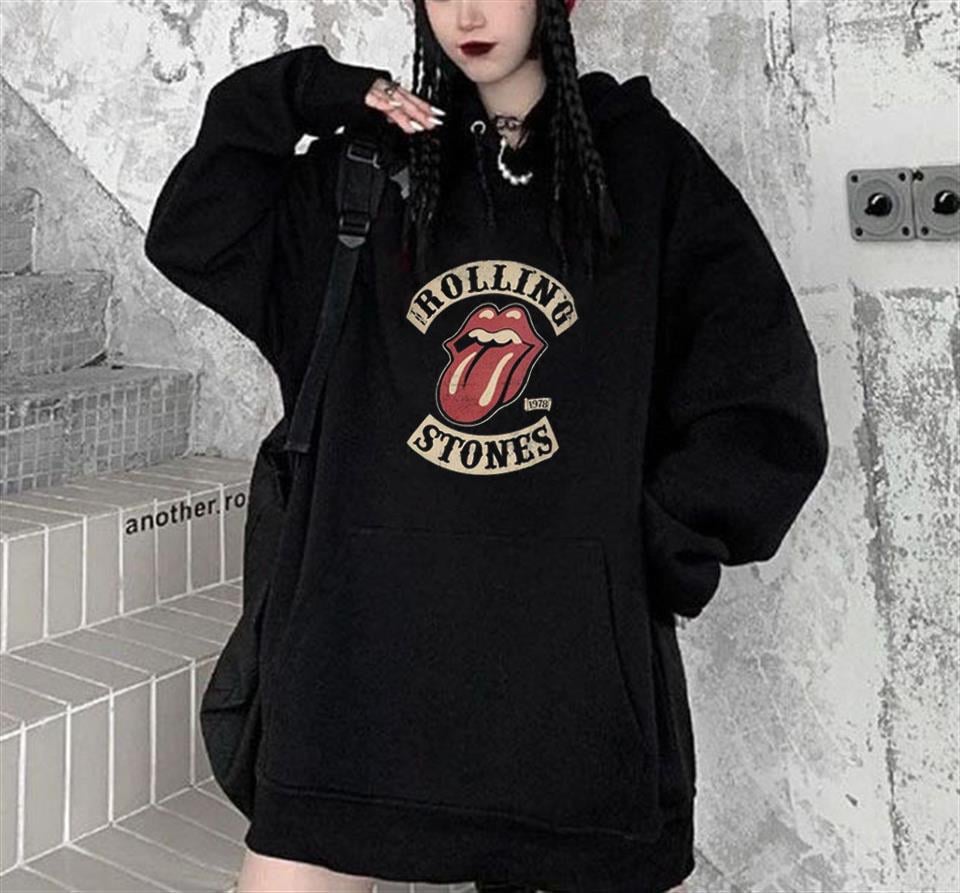 Rolling Stones Baskılı Siyah Unisex Oversize Kapüşonlu Sweatshirt