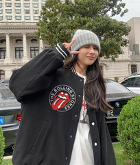 Rolling Stones Baskılı Unisex Oversize Siyah Kolej Ceket