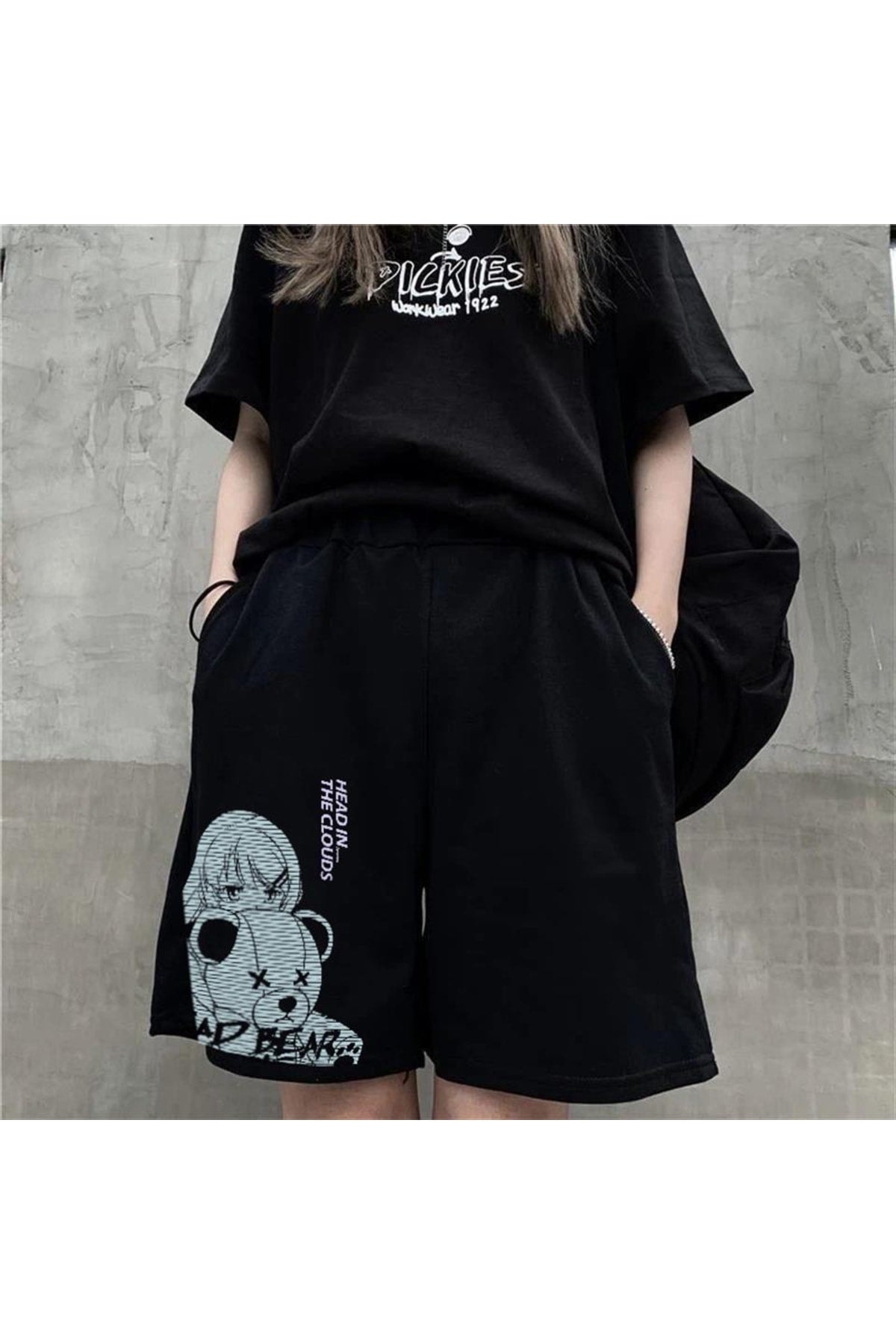 Sad Bear Girl Baskılı Siyah Unisex Penye Şort