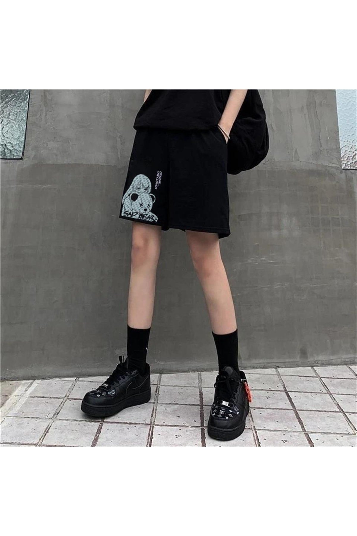 Sad Bear Girl Baskılı Siyah Unisex Penye Şort