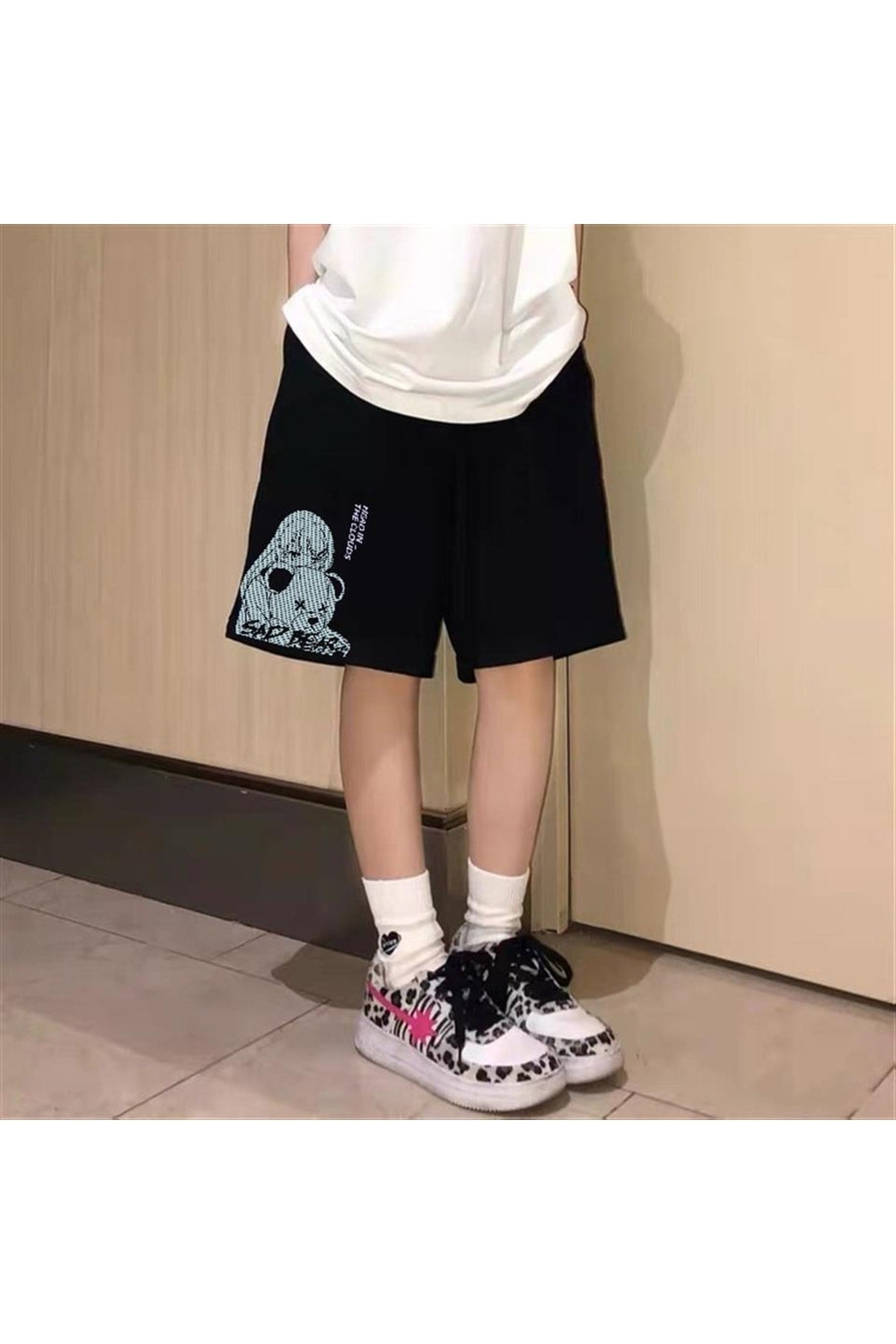 Sad Bear Girl Baskılı Siyah Unisex Penye Şort