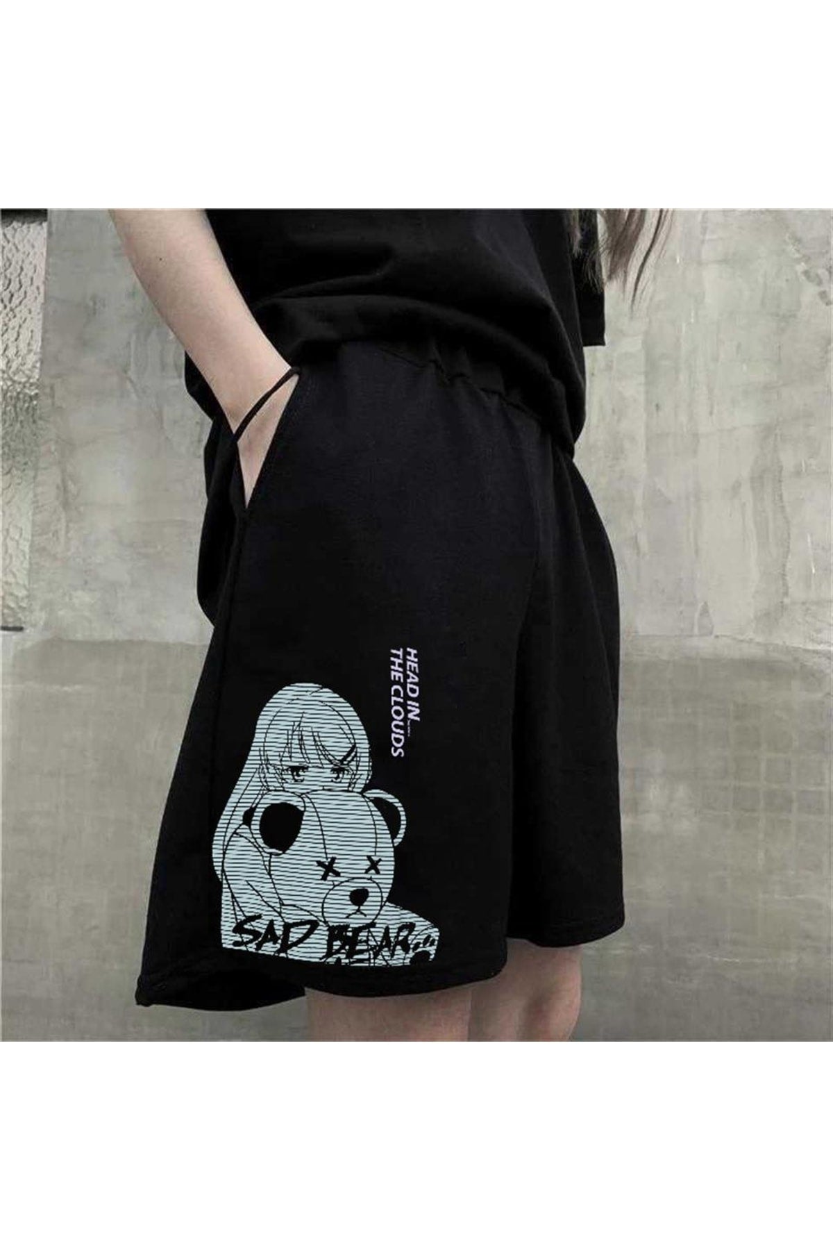 Sad Bear Girl Baskılı Siyah Unisex Penye Şort