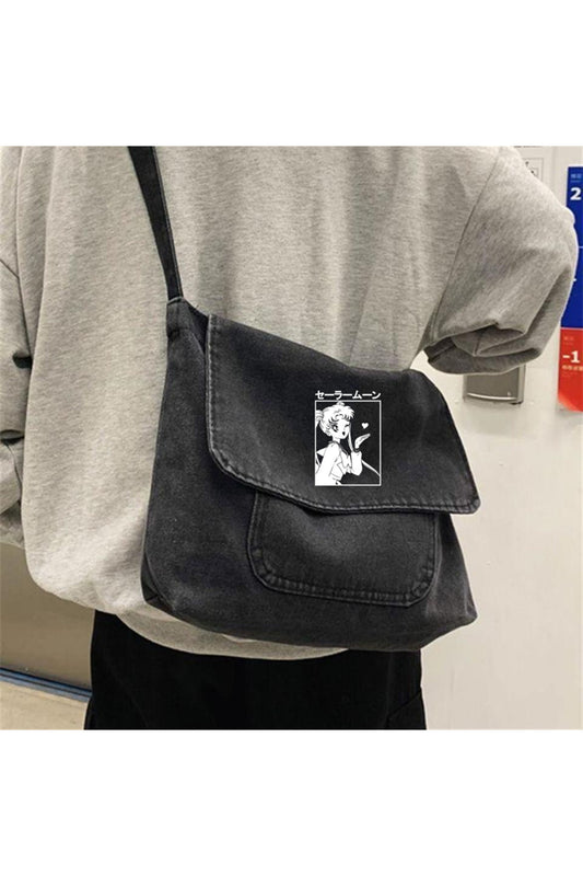 Sailor Moon Baskılı Vintage Unisex Gri Kot Postacı Çantası