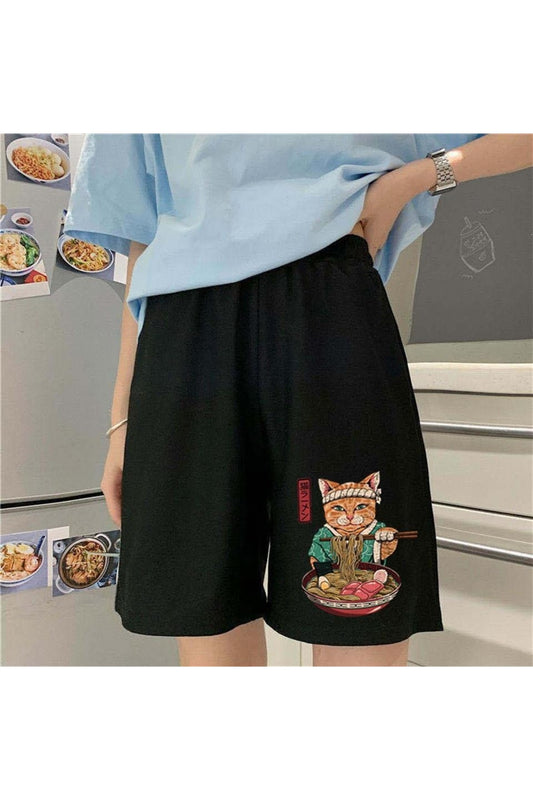 Samurai Cat Spaghetti Baskılı Siyah Unisex Penye Şort