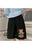 Samurai Cat Spaghetti Baskılı Siyah Unisex Penye Şort
