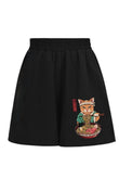 Samurai Cat Spaghetti Baskılı Siyah Unisex Penye Şort