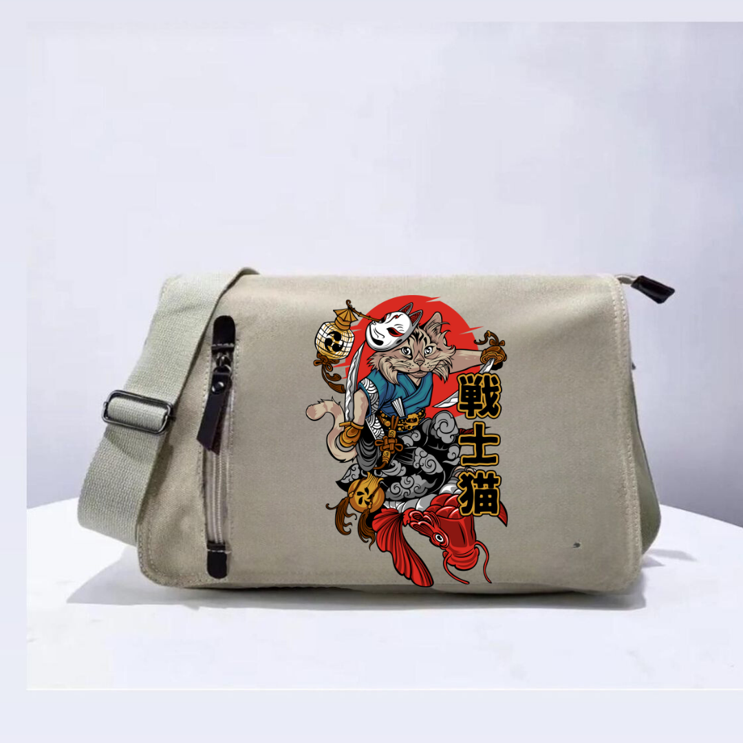 Samurai Cat Unisex Bej Postacı Çantası