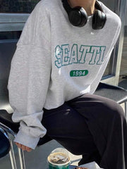 Seattle Baskılı Gri Unisex Oversize Bisiklet Yaka Sweatshirt