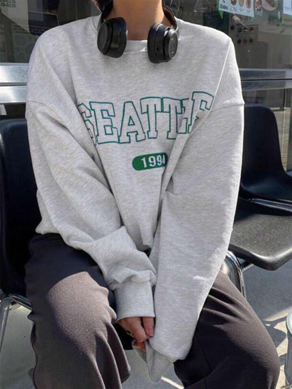 Seattle Baskılı Gri Unisex Oversize Bisiklet Yaka Sweatshirt