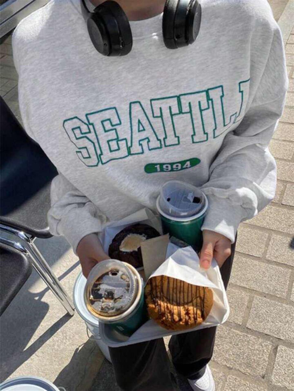 Seattle Baskılı Gri Unisex Oversize Bisiklet Yaka Sweatshirt