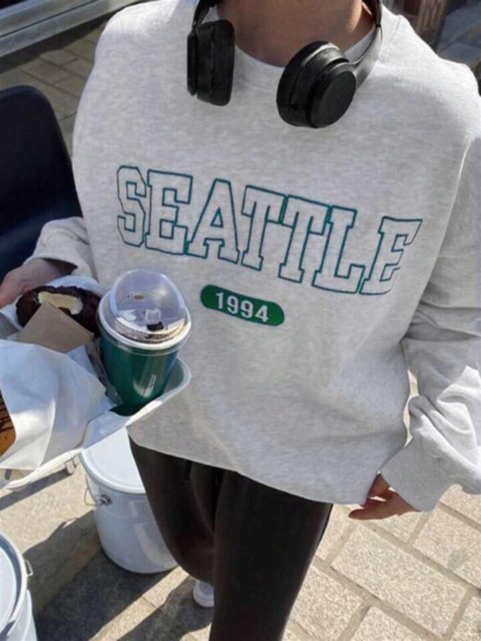 Seattle Baskılı Gri Unisex Oversize Bisiklet Yaka Sweatshirt