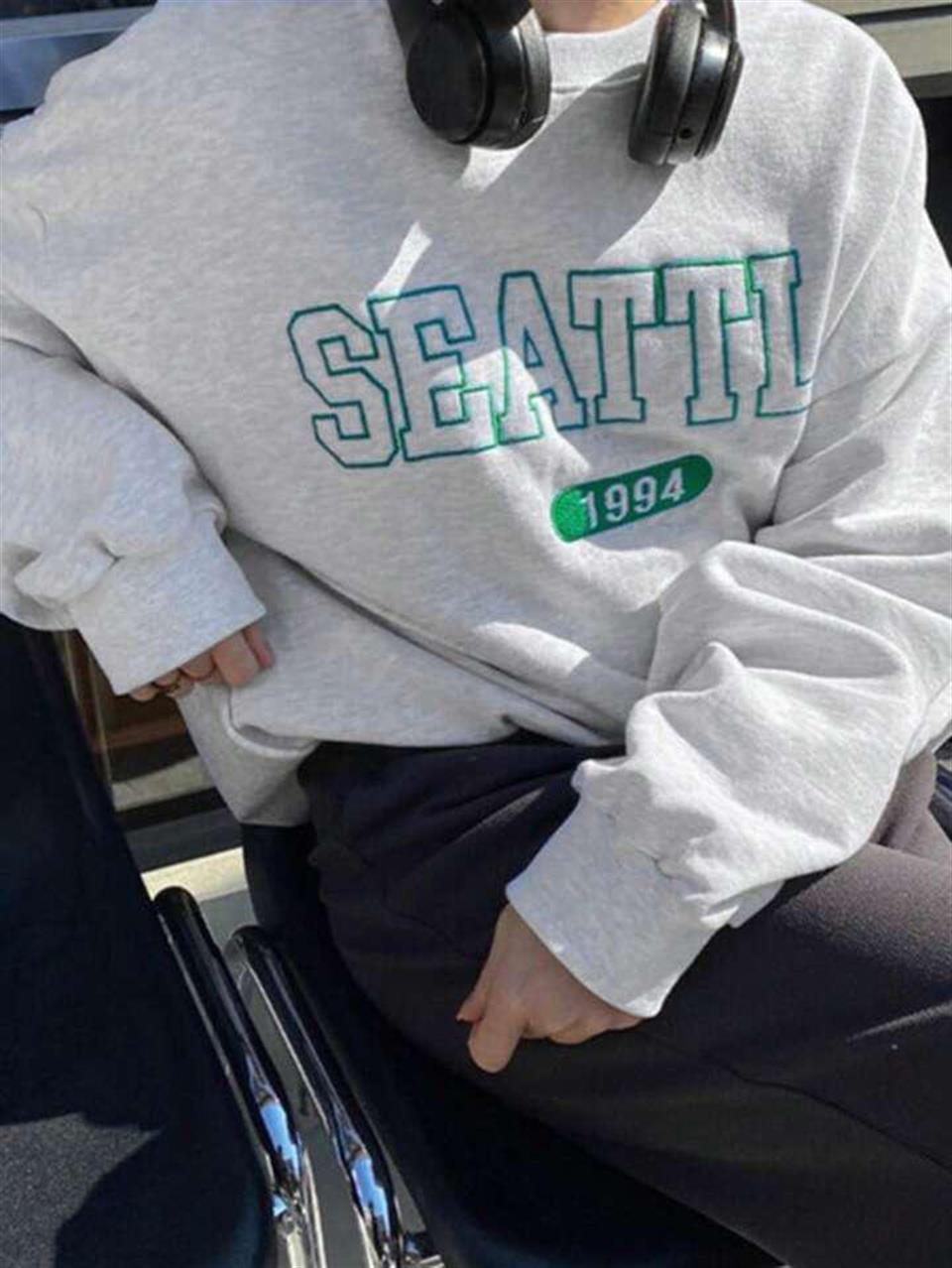 Seattle Baskılı Gri Unisex Oversize Bisiklet Yaka Sweatshirt