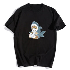 Shark Cat Siyah Unisex Oversize T-shirt