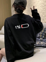 Sırt Baskı Low Battery Siyah Unisex Oversize Bisiklet Yaka Sweatshirt