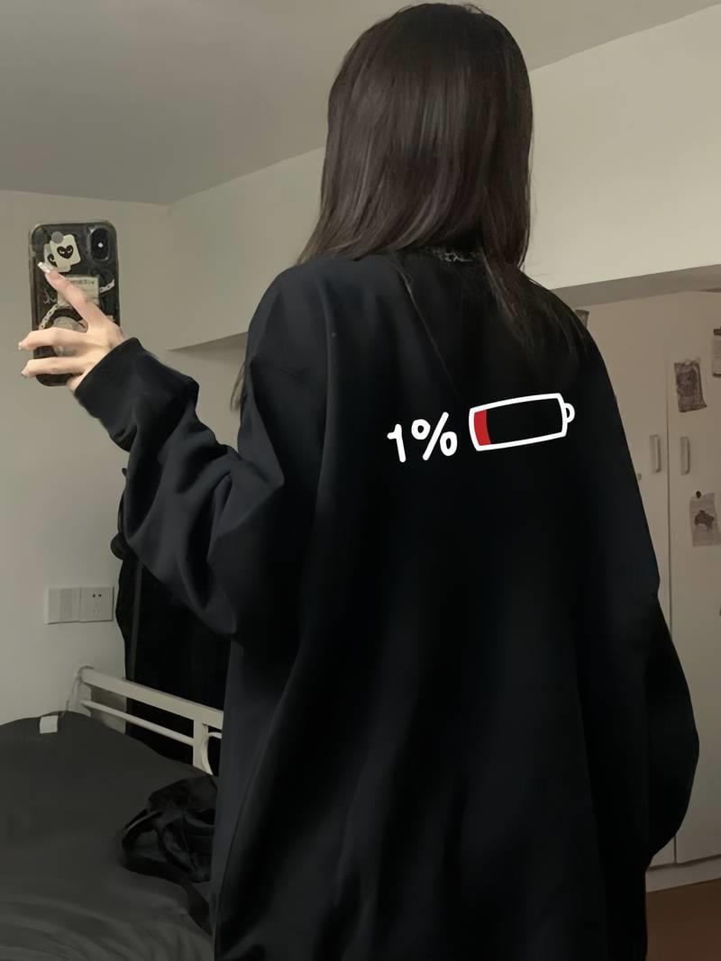 Sırt Baskı Low Battery Siyah Unisex Oversize Bisiklet Yaka Sweatshirt